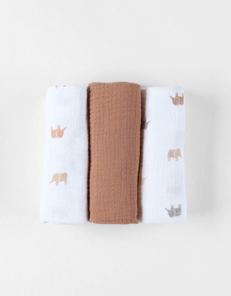 Lot de 3 langes 70*70cm, coton bio/ L-CS (Éléphant)